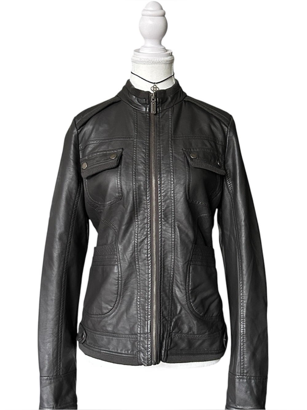 Y2K Grunge “YMI” Gray Faux Leather Biker Bomber Style Zip-up Jacket